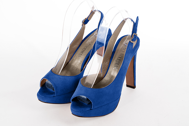 Electric blue women's slingback sandals. Round toe. Very high slim heel with a platform at the front. Front view - Florence KOOIJMAN